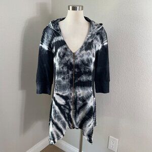XCVI Womens XL Tie Dye Hooded Zip Up Tunic Cardigan‎ Jacket 3/4 Sleeve